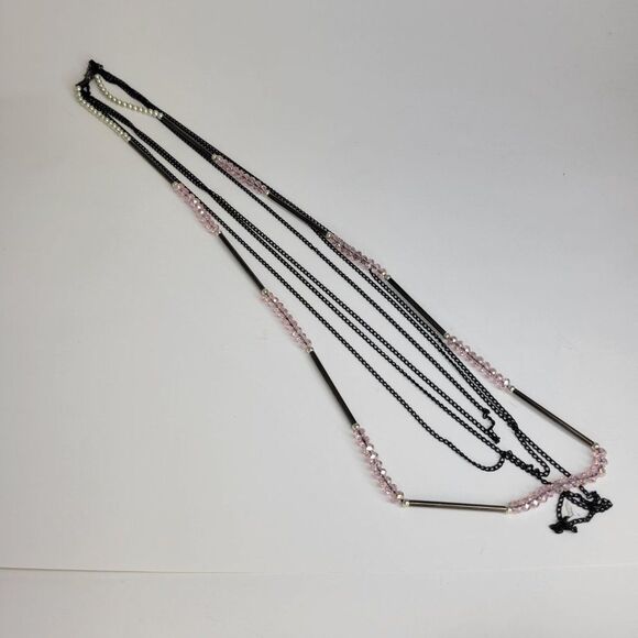Multistrand Pink Bead Necklace, Pale Pink Long Necklace - Picture 2 of 12